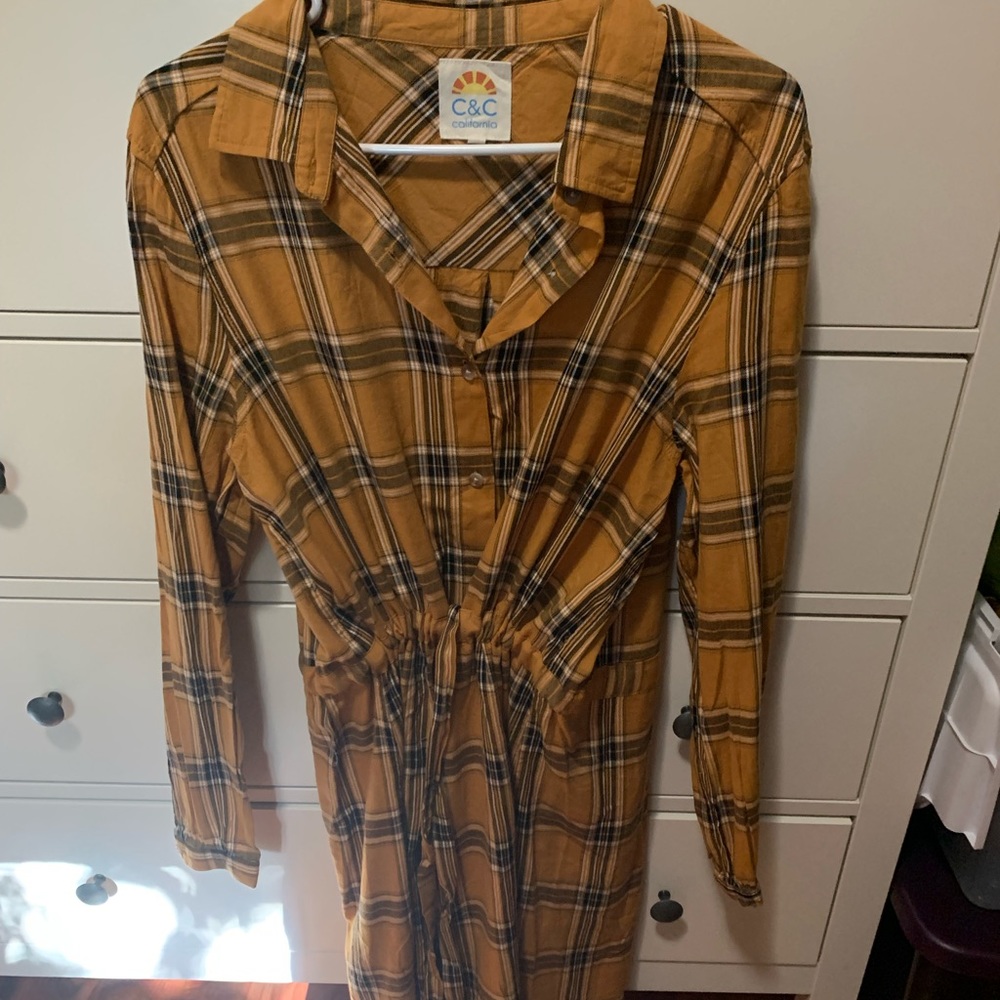 C&C California Button Down Waisted Plaid Dress